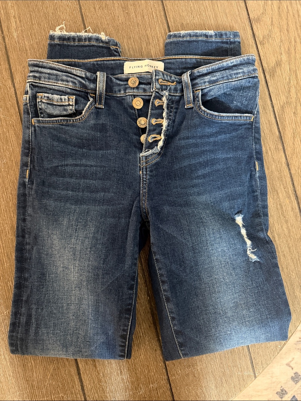 Flying Monkey High-Rise Dark Blue Distressed Button-Fly Jeans